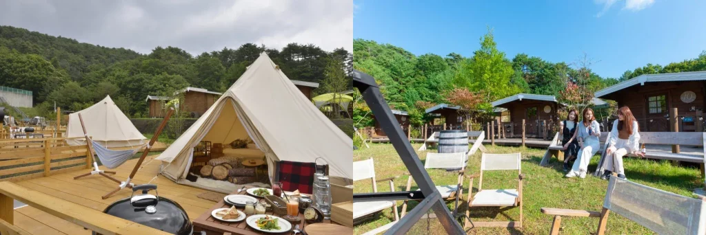 A tent on a wooden deck with a grill and table featured on the left. On the right, Japanese women seated outside cabins on green grass with camp chairs.