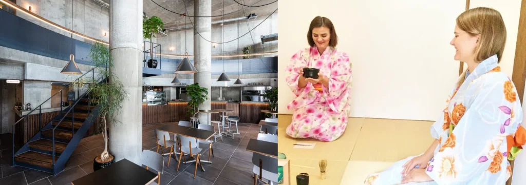 On the left, a wide-open seating area with stairs and indoor plants. On the right, two girls in kimonos on a tatami-matted floor making matcha green tea.