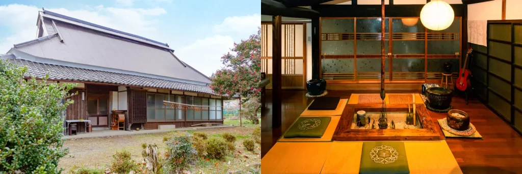 The exterior and interior of Ichiju Issai no Yado Chabu Dining. The exterior features an old Japanese-style house, and the interior features a sunken hearth surrounded by tatami mats and seating cushions.