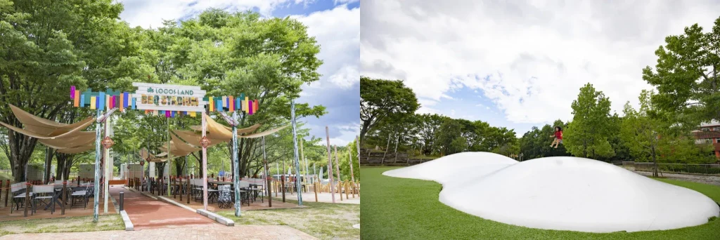 On the left, a logo of LOGOS LAND next to tall green trees and a dining area on. On the right, a child playing outside.