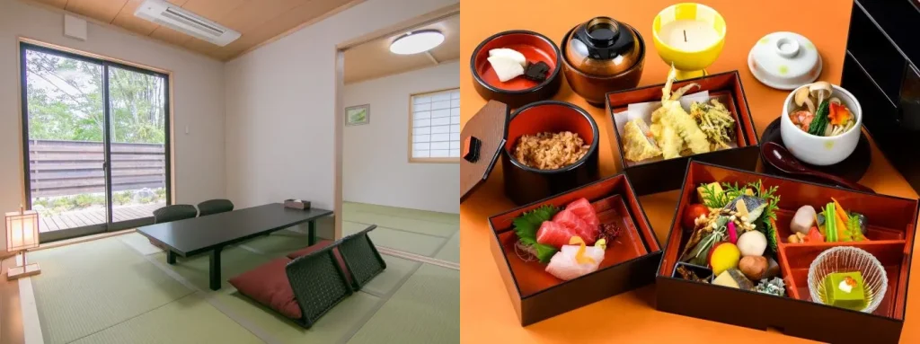 On the left, a tatami-matted room with a low table. On the right, a traditional Japanese meal in lacquered tableware.