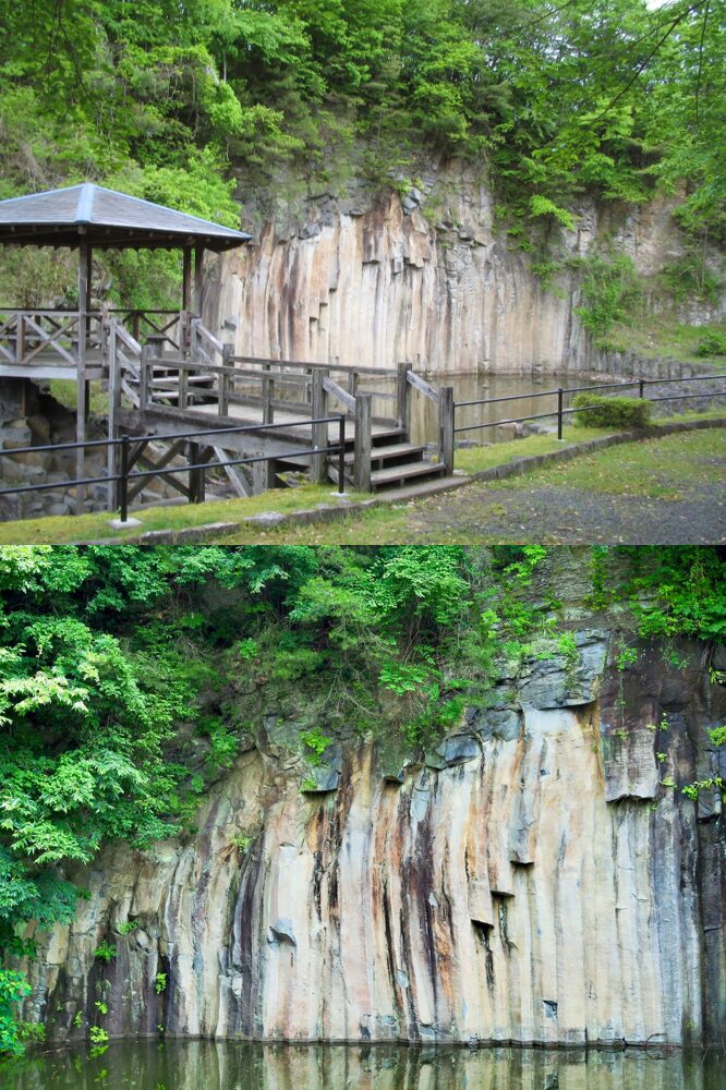 Basalt columns with a wood structure and water