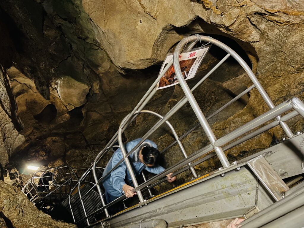 Descending a ladder in a cave