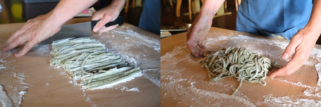 Cutting dough into soba noodles and loosening by hand