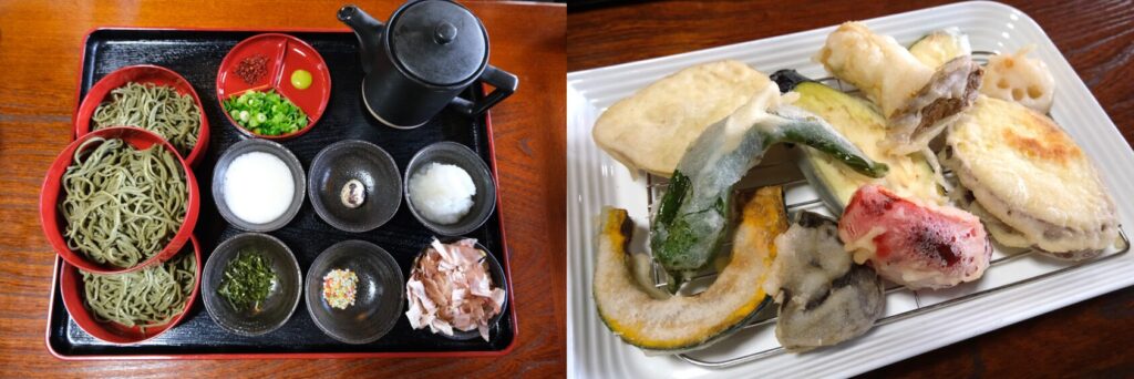 Sanho Soba set with arrangement of condiments and tempura plate