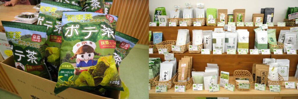 Tea flavored snacks and shelves of tea products at Wazukacha Cafe