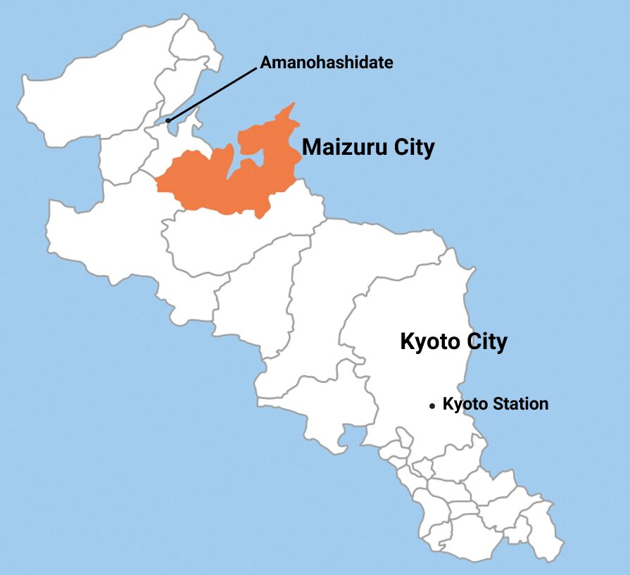 A map of Kyoto Prefecture indicating the location of Maizuru City, Kyoto City, Kyoto Station, and Amanohashidate