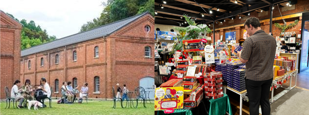 People sitting at tables in front of the red brick buildings of Maizuru. A person looking at packaged curry at the red brick building souvenir shop