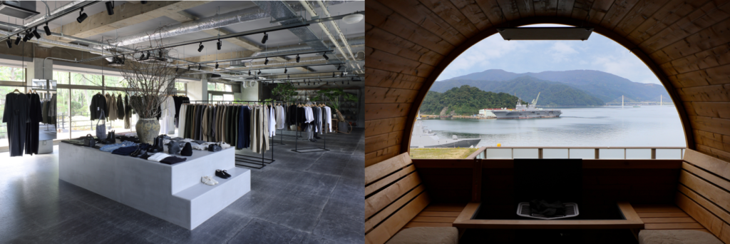 atick's pop-up clothes store and outdoor Finnish-style barrel sauna overlooking the Maizuru bay